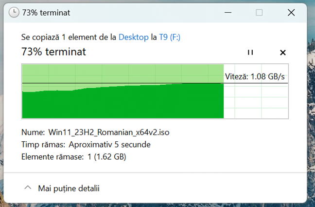 Viteza de scriere la copierea unui fiÈ™ier mare pe SSD-ul portabil Samsung T9