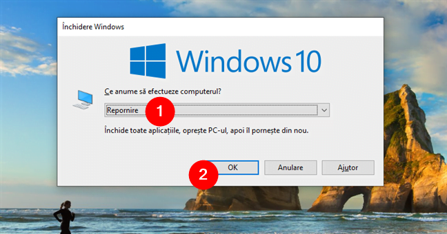 Cum reporneÈ™ti Windows 10 din fereastra ÃŽnchidere Windows