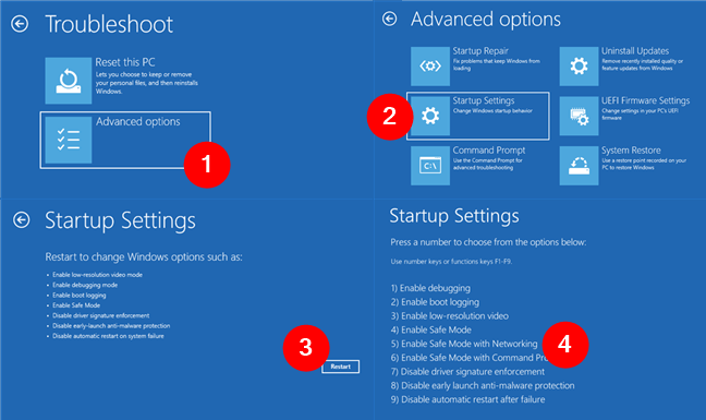 AcceseazÄƒ Advanced options > Startup Settings > Restart > Enable Safe Mode with Networking