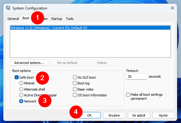 ActiveazÄƒ Safe Boot È™i selecteazÄƒ Network Ã®n msconfig