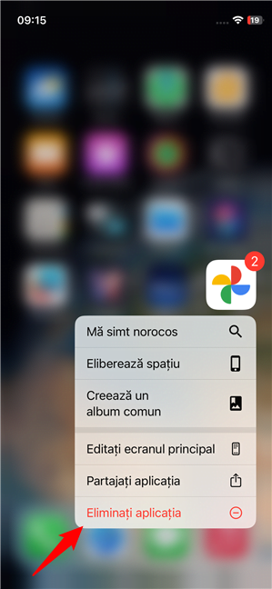 ÃŽn meniul contextual, apasÄƒ pe EliminaÈ›i aplicaÈ›ia