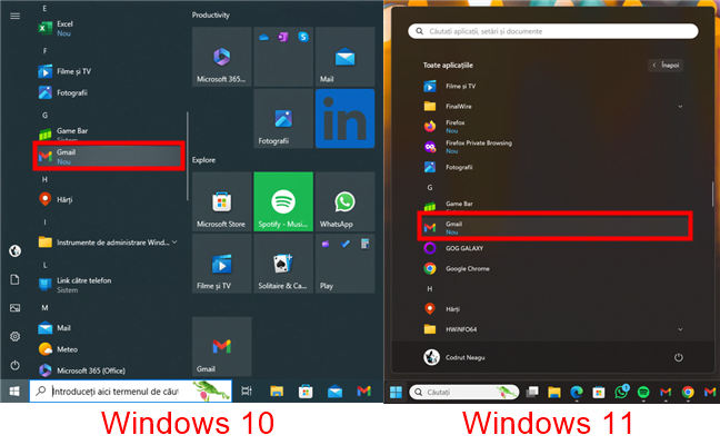 ScurtÄƒtura pentru aplicaÈ›ia Gmail Ã®n Meniul Start (Windows 10 È™i Windows 11)