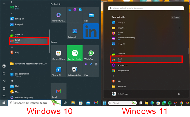 ScurtÄƒtura aplicaÈ›iei Gmail Ã®n Meniul Start (Windows 10 È™i Windows 11)