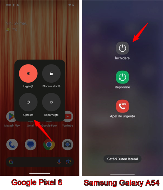 ApasÄƒ pe butonul OpreÈ™te sau ÃŽnchidere pentru a opri un telefon cu Android
