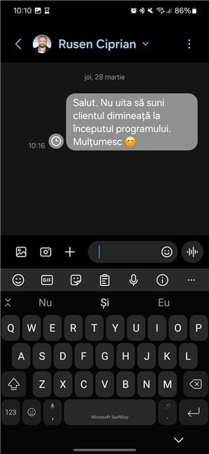 Mesajul SMS este programat pe Samsung Galaxy