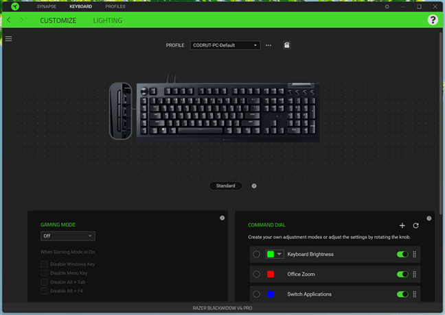 Personalizarea tastaturii Razer BlackWidow V4 Pro în Synapse