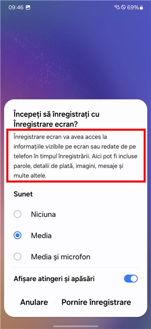 Avertizare despre înregistrarea ecranului pe dispozitivele Samsung