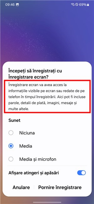 Avertizare despre Ã®nregistrarea ecranului pe dispozitivele Samsung