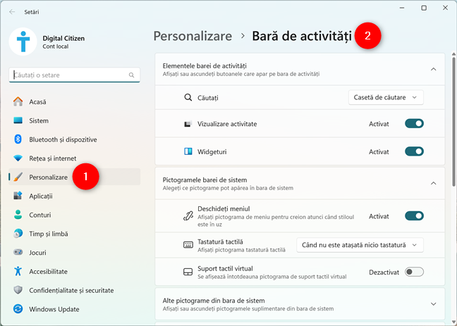 OpÈiunile pentru bara de activitÄÈi sunt disponibile în SetÄri > Personalizare > BarÄ de activitÄÈi