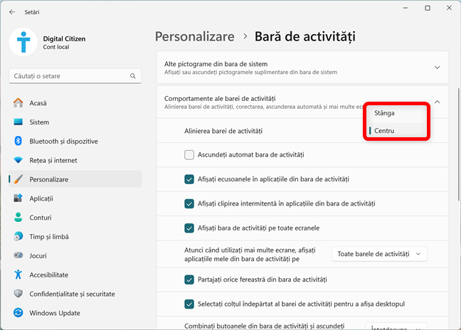 Cum muÈi bara de activitÄÈi la stânga în Windows 11
