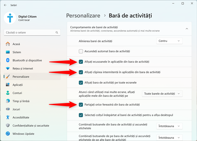 AfiÈeazÄ ecusoane, clipire intermitentÄ Èi opÈiuni de partajare pentru aplicaÈiile din bara de activitÄÈi