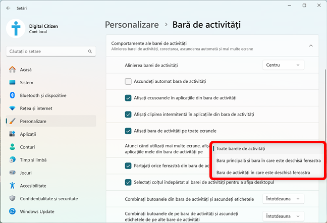 Atunci când utilizaÈi mai multe ecrane, afiÈaÈi aplicaÈiile mele din bara de activitÄÈi pe