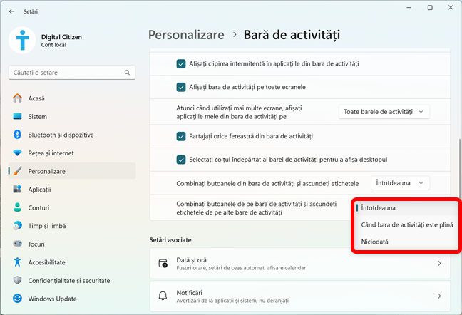 CombinaÈi butoanele de pe bara de activitÄÈi Èi ascundeÈi etichetele de pe alte bare de activitÄÈi