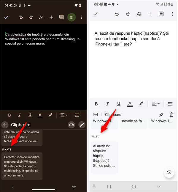 Elementele fixate apar în lista Fixat(e) din clipboard