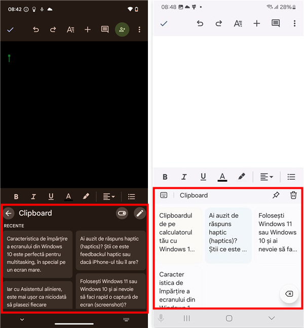 Elementele din Clipboard în Google Gboard Èi în Samsung Keyboard