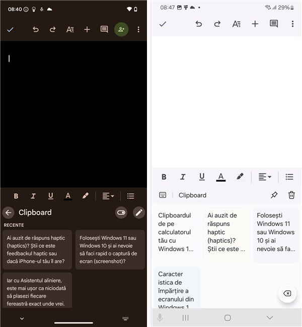 Clipboardul pe un smartphone cu Android Google Pixel Èi pe un Samsung Galaxy