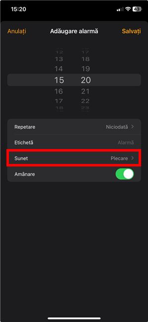 ApasÄ pe Sunet pentru a schimba sunetul alarmei pe iPhone