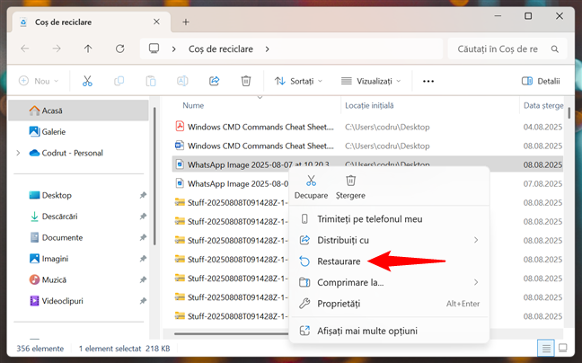 Recuperarea fiÈierelor Èterse din CoÈul de reciclare de pe Windows 11