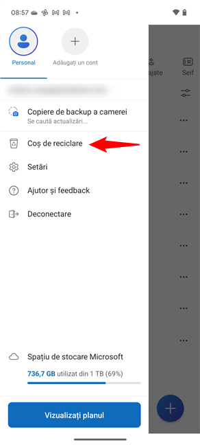 Cum accesezi CoÈul de reciclare din OneDrive pe Android.