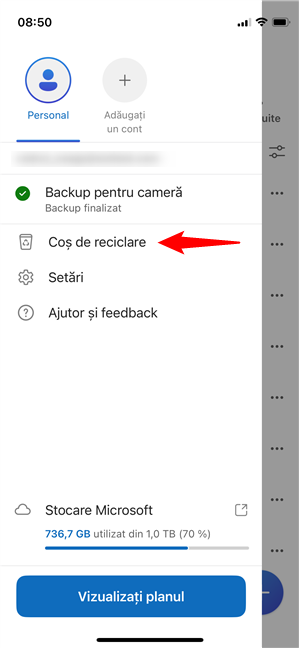 ApasÄ pe CoÈ de reciclare în aplicaÈia OneDrive pentru iPhone