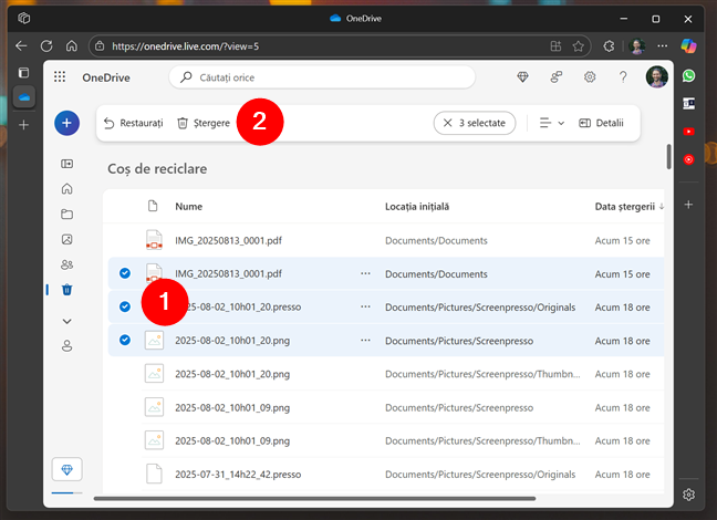Cum Ètergi un fiÈier din CoÈul de reciclare al OneDrive