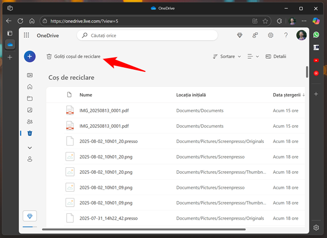 Cum goleÈti CoÈul de reciclare din OneDrive