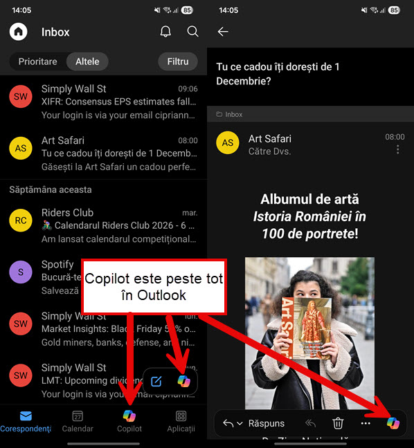 Copilot este peste tot în aplicaÈia Outlook pentru mobil