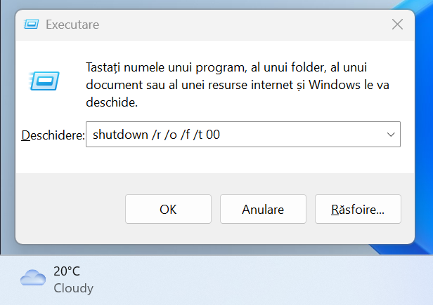 Comanda pentru repornirea în BIOS