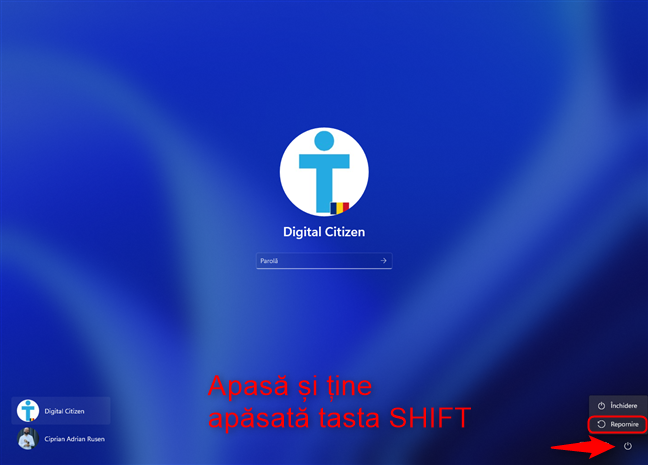 ApasÄ Èi tine apÄsat SHIFT Èi dÄ clic pe Alimentare > Repornire