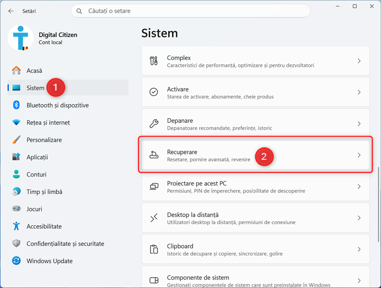 NavigheazÄ la SetÄri > Sistem > Recuperare