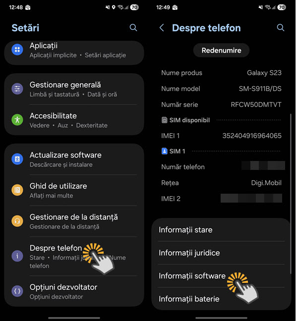 SetÄri > Despre telefon > InformaÈii software