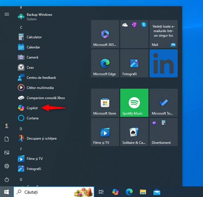 ApasÄ pe Copilot în lista din Meniul Start în Windows 10