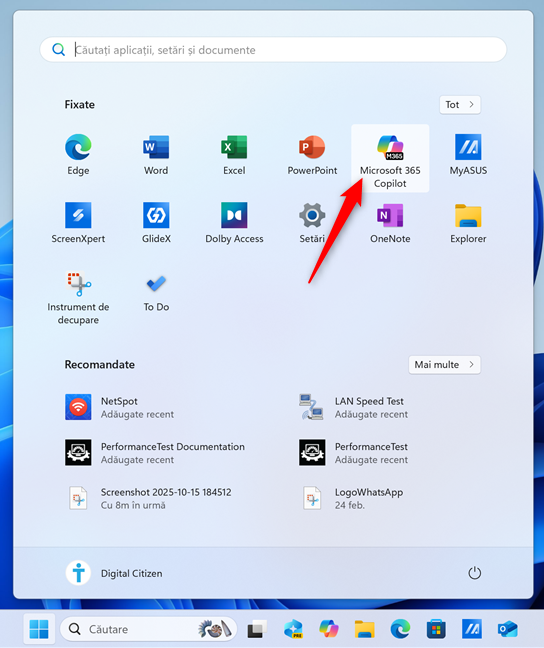 ScurtÄƒtura aplicaÈ›iei Microsoft 365 Copilot Ã®n Windows 11