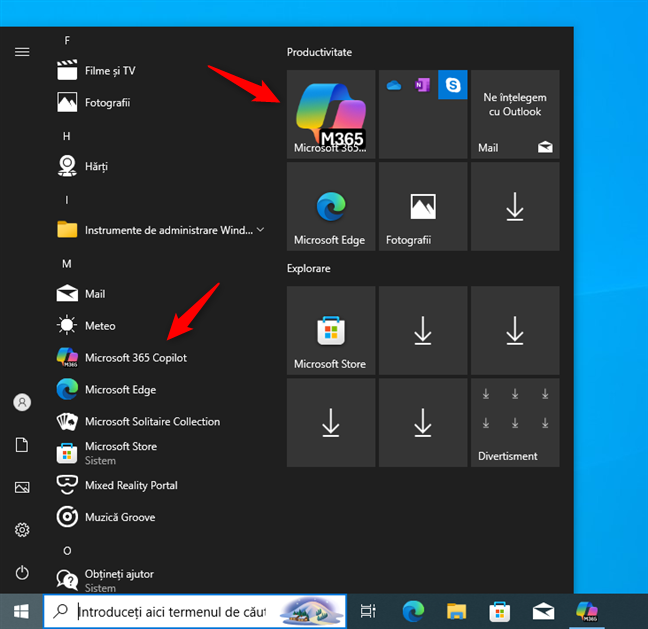 AplicaÈ›ia Microsoft 365 Copilot Ã®n Meniul Start din Windows 10