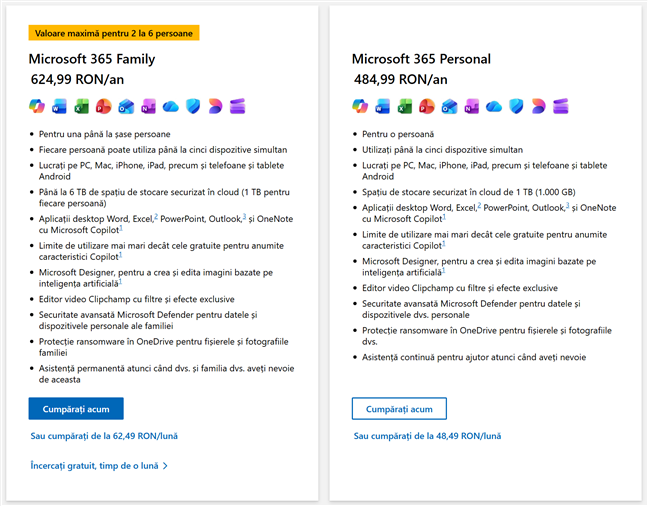 Abonamentele Microsoft 365 pentru acasÄƒ