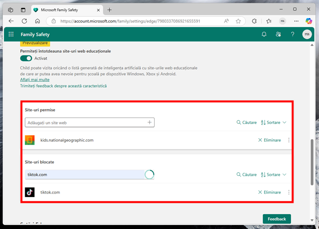 Listele Site-uri permise È™i Site-uri blocate Ã®È›i permit sÄƒ cauÈ›i È™i sÄƒ sortezi site-urile din ele
