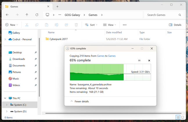 Copying Cyberpunk 2077 from a Gen4 SSD to the Gen5 Samsung 9100 PRO