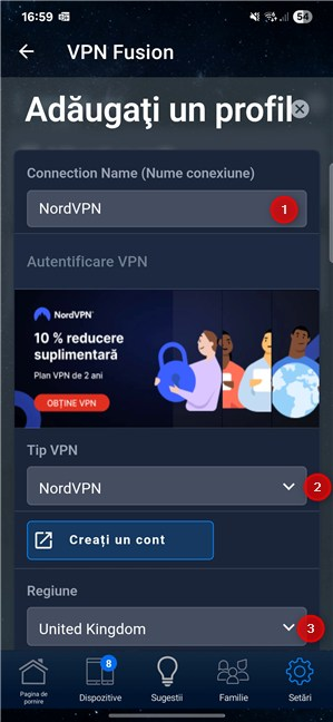 ConfigureazÄ-Èi profilul NordVPN