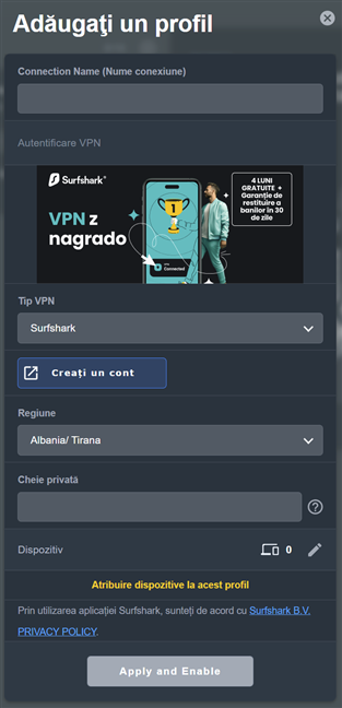 OpÈiunile pentru adÄugarea unui profil în Fuziune VPN-uri