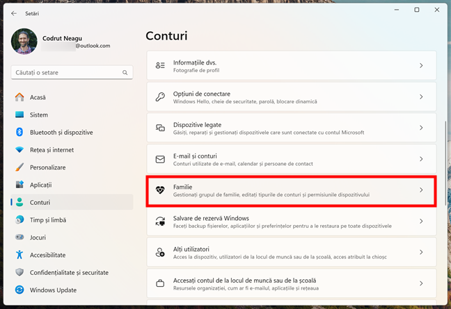 AcceseazÄƒ setÄƒrile pentru Familie Ã®n Windows 11