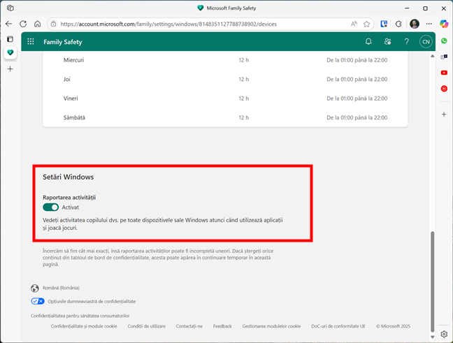 ActiveazÄƒ Raportarea activitÄƒÈ›ii pentru dispozitivele Windows ale unui copil
