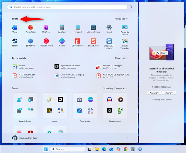 SecÈiunea Fixate în Meniul Start din Windows 11