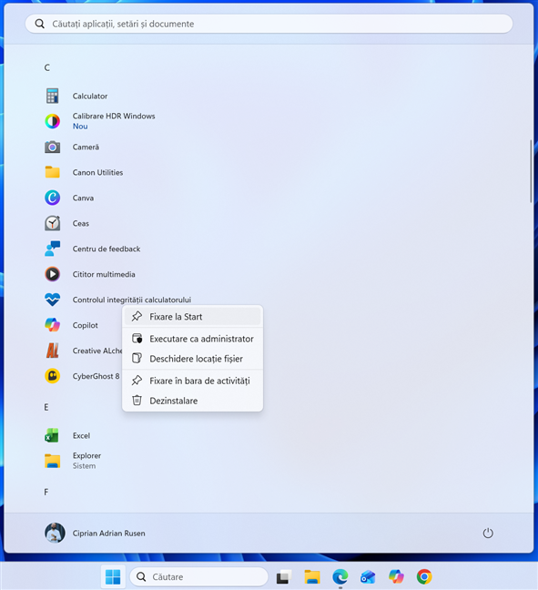 DÄ clic dreapta pe aplicaÈie Èi alege Fixare la Start