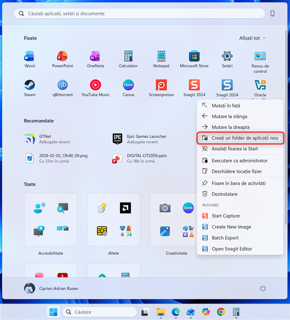 Meniul clic dreapta include opÈiunea pentru crearea unui folder
