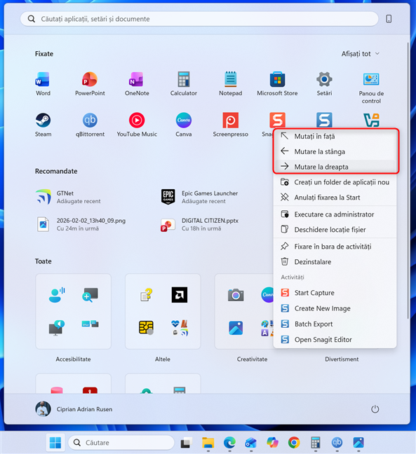 FoloseÈte opÈiunile de mutare pentru a organiza pictogramele din Meniul Start