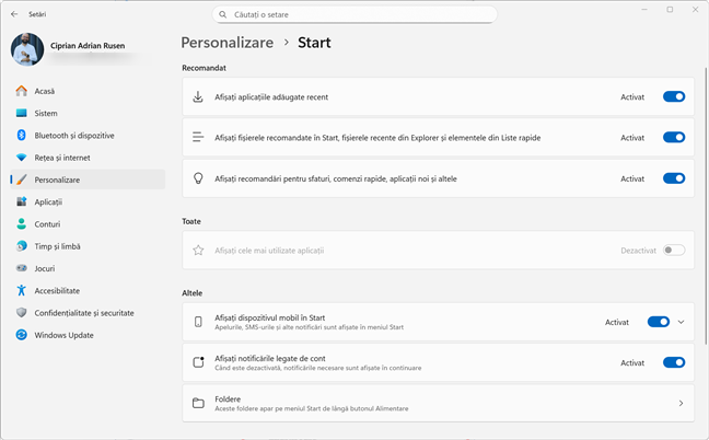SetÄrile disponibile pentru Meniul Start