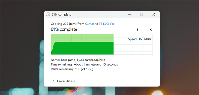 Copierea unui folder mare de jocuri pe Samsung T5 Evo