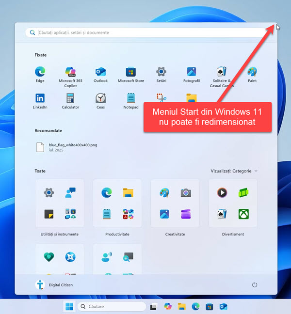 Nu po&Egrave;i redimensiona Meniul Start din Windows 11