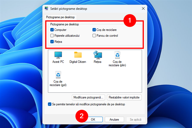 SelecteazÄ pictogramele pe care vrei sÄ le adaugi pe desktop