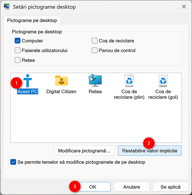Cum restabileÈti valorile implicite pentru pictograme desktop în Windows 11